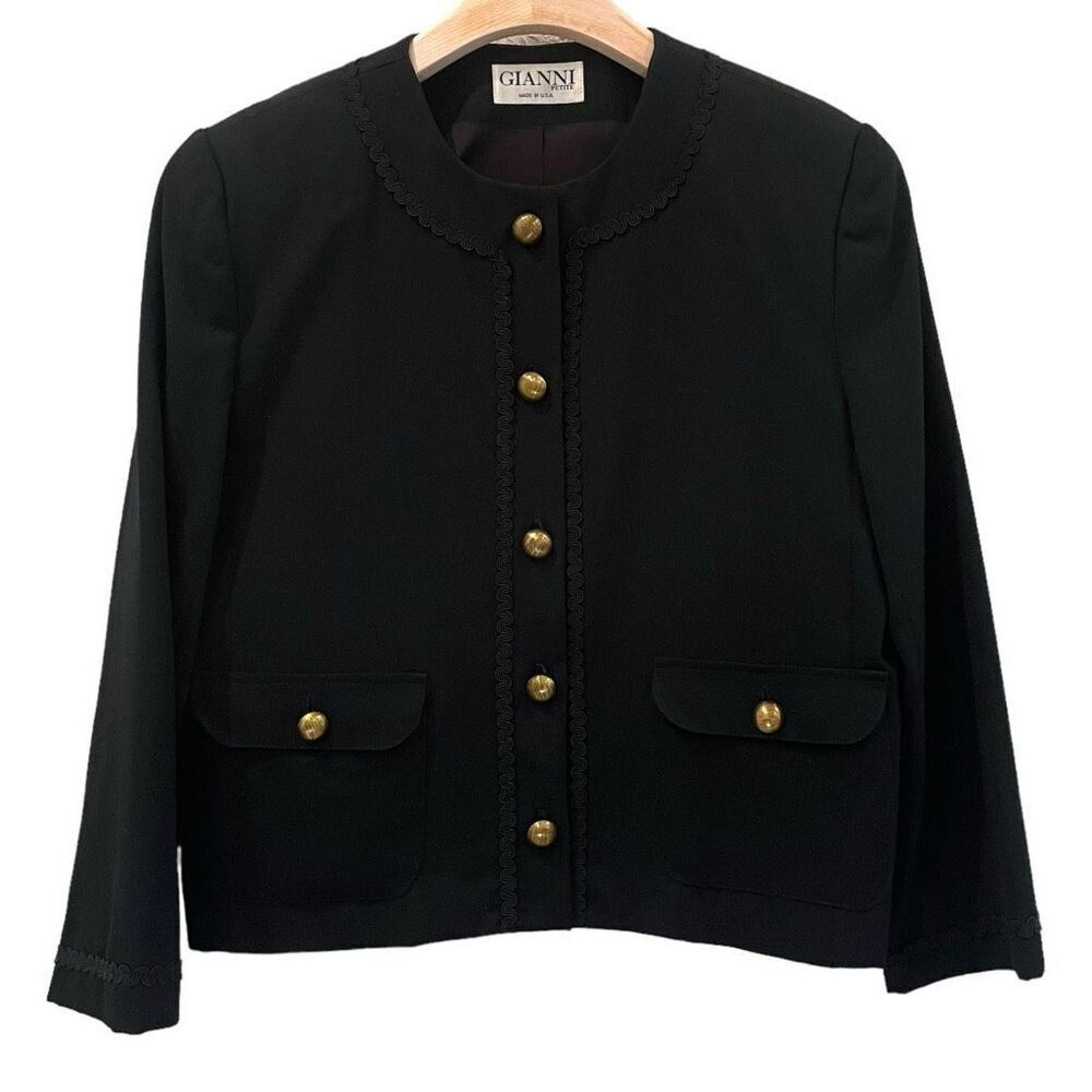 Vintage Gianni Petites Wool Black Cropped Gold Button Lady Jacket Size 12